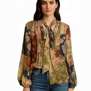 Sachin+Babi Chelsea Top in Floral Patchwork with‎ Neck Tie sz M